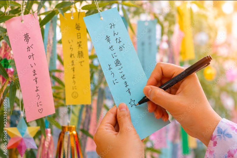 笹飾りの前で短冊に願いごとを書く様子